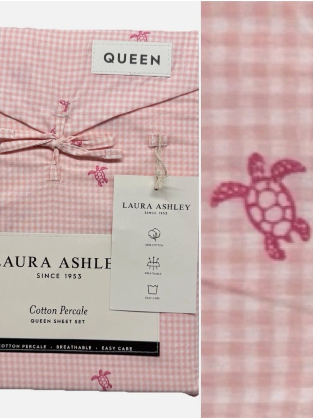 NEW 4pc Laura Ashley Pink Sea Turtle Gingham QUEEN Sheet Set Beach Coastal Ocean